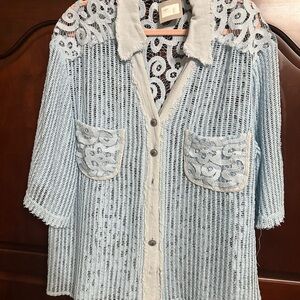 Light Blue Lace Cardigan with Pockets